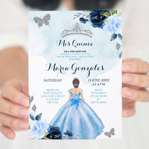 Baby Blue en Navy Vlinder 3 Charra Quinceanera Kaart