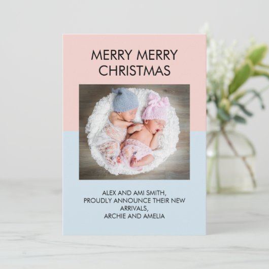 Baby Blue en Roze Twin Boy Girl Fotokerstmis Aankondiging (Staand voorkant)