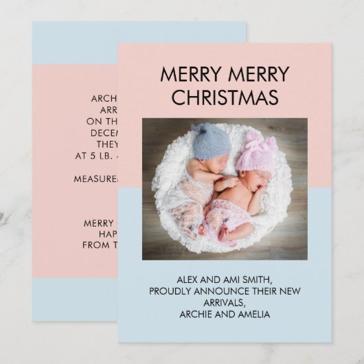 Baby Blue en Roze Twin Boy Girl Fotokerstmis Aankondiging (Voorkant / Achterkant)