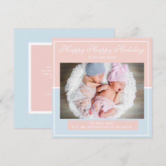Baby Blue en Roze Twin Boy Girl Fotokerstmis Feestdagenkaart (Voorkant / Achterkant)