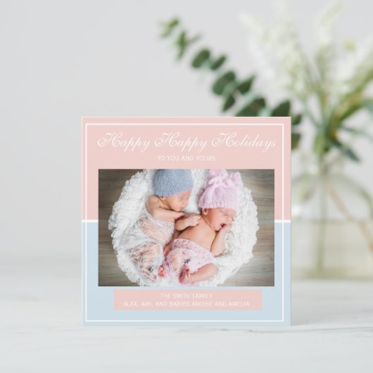 Baby Blue en Roze Twin Boy Girl Fotokerstmis Feestdagenkaart (Staand voorkant)
