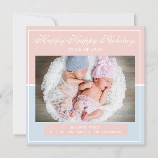 Baby Blue en Roze Twin Boy Girl Fotokerstmis Feestdagenkaart (Voorkant)