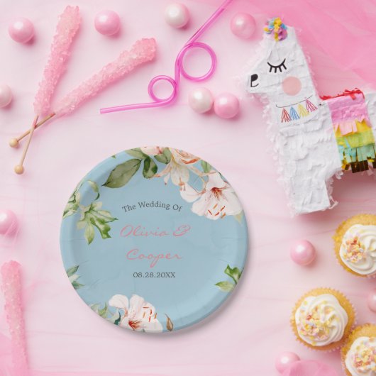 Baby Blue en Roze Waterverf Lily Wedding Papieren Bordje (Feest)