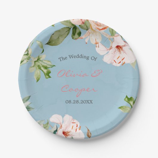 Baby Blue en Roze Waterverf Lily Wedding Papieren Bordje (Voorkant)