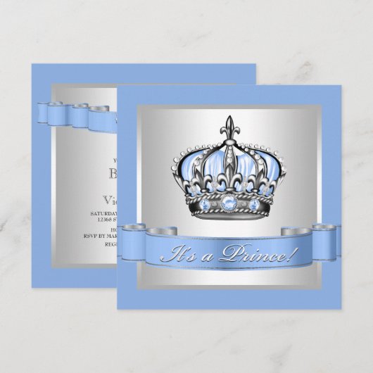 Baby Blue en Silver Prince Baby shower Kaart (Voorkant / Achterkant)