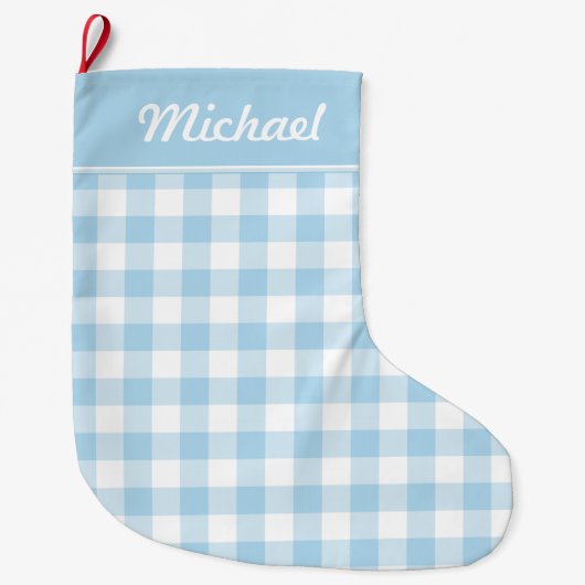 Baby Blue en White Gingham Personalized Grote Kerstsok (Voorkant)
