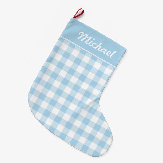 Baby Blue en White Gingham Personalized Grote Kerstsok (Voorkant (Hangend))