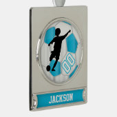 Baby Blue en White Personaliseer Boy Soccer Player Verzilverd Banner Ornament (Rechts)