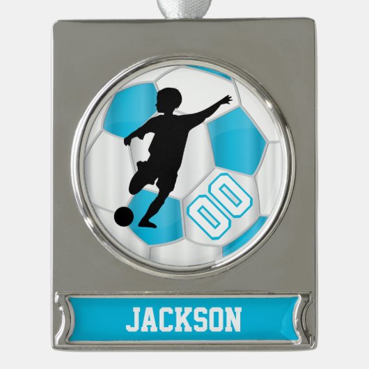 Baby Blue en White Personaliseer Boy Soccer Player Verzilverd Banner Ornament (Voorkant)