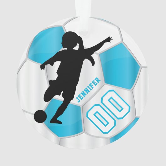Baby Blue en White Persoonlijk Meisje Voetbalspele Ornament (achterkant)