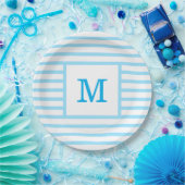 Baby Blue en White Stripes - aangepast monogram Papieren Bordje (Feest)