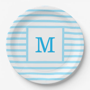Baby Blue en White Stripes - aangepast monogram Papieren Bordje