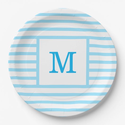 Baby Blue en White Stripes - aangepast monogram Papieren Bordje (Voorkant)