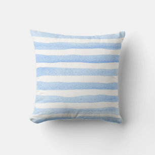 Baby Blue en Witte Waterverf Horizonaal Gestreepte Kussen
