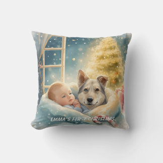 Baby & Blue-Eyed Pup Christmas Pillow Kussen