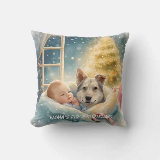 Baby & Blue-Eyed Pup Christmas Pillow Kussen (Voorkant)