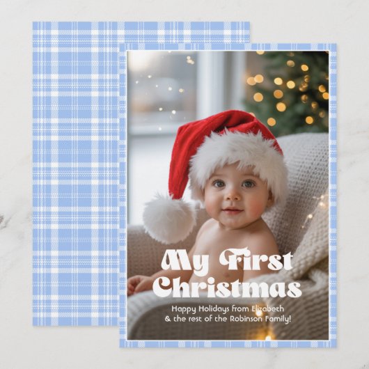 Baby Blue Eyes Gingham Mijn eerste kerst Baby Feestdagenkaart (Voorkant / Achterkant)