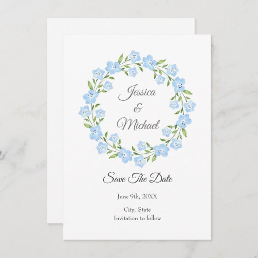 Baby Blue Eyes Waterverf Floral Wreate Save The Date (Voorkant / Achterkant)