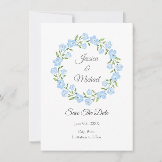Baby Blue Eyes Waterverf Floral Wreate Save The Date (Voorkant)