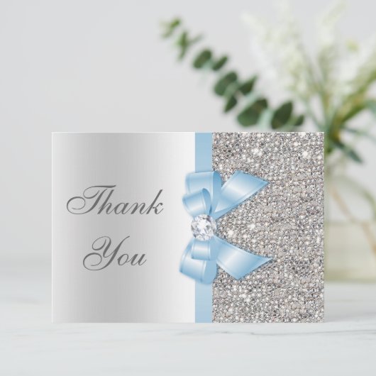 Baby Blue Faux Bow Silver Sequins Hartelijk dank Bedankkaart (Staand voorkant)