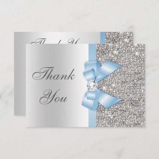 Baby Blue Faux Bow Silver Sequins Hartelijk dank Bedankkaart (Voorkant / Achterkant)