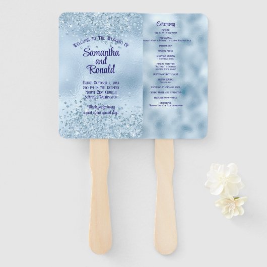 Baby Blue Faux Glitter en Folie Trouwprogramma Handwaaier (Voorkant en achterkant)