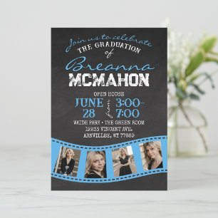 Baby Blue Filmstrip Chalkboard Afstudeerder Invita Kaart