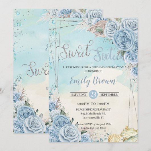 Baby Blue Floral Beach Pampas Sweet 16 Birthday Kaart (Voorkant / Achterkant)