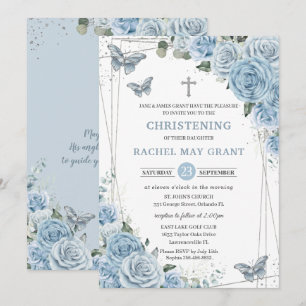 Baby Blue Floral Butterflies Christening Baptisme Kaart