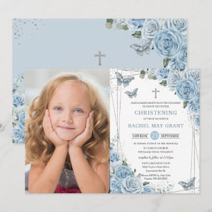 Baby Blue Floral Butterflies Christening Baptisme Kaart