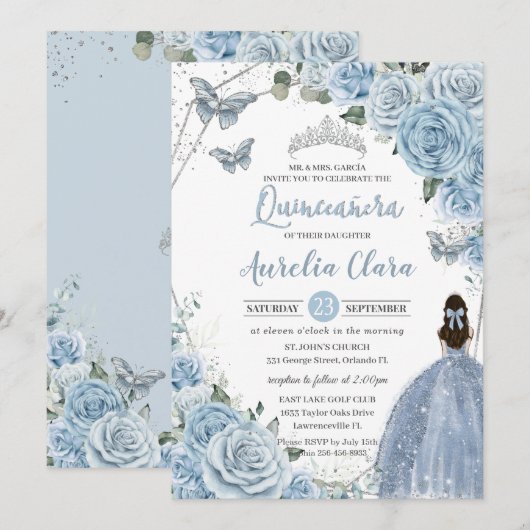 Baby Blue Floral Butterflies Princess QUINCEAÑERA Kaart (Voorkant / Achterkant)