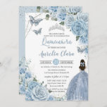 Baby Blue Floral Butterflies Princess QUINCEAÑERA Kaart<br><div class="desc">Pas deze mooie uitnodiging van Quinceanera-verjaardagsfeestjes snel en gemakkelijk aan met eigen tekst. Druk op de knop Aanpassen om de stijl en plaatsing van de tekst verder te herschikken en te formatteren. Overeenkomende objecten in de winkel! c) De Happy Cat Studio</div>