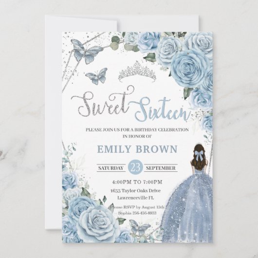 Baby Blue Floral Butterflies Princess Sweet 16 Kaart (Voorkant)