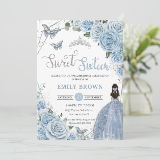 Baby Blue Floral Butterflies Princess Sweet 16 Kaart (Staand voorkant)