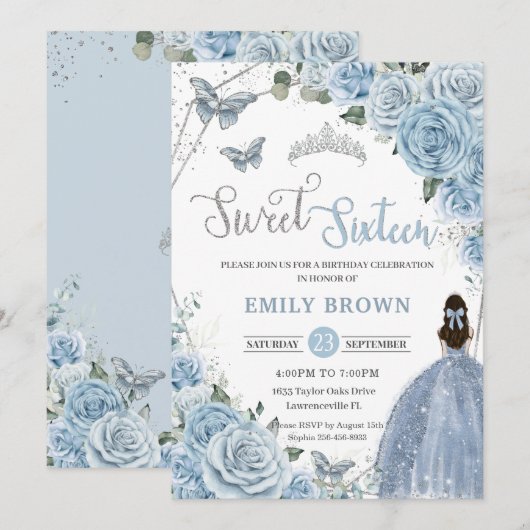 Baby Blue Floral Butterflies Princess Sweet 16 Kaart (Voorkant / Achterkant)