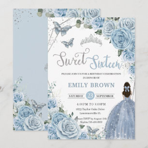Baby Blue Floral Butterflies Princess Sweet 16 Kaart
