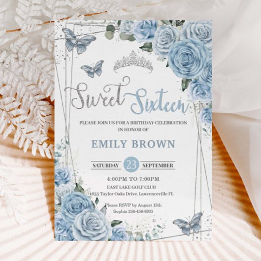 Baby Blue Floral Butterflies Sweet 16th Kaart