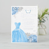 Baby Blue Floral Butterfly Quinceanera Silver Folie Uitnodiging (Staand Voorkant)