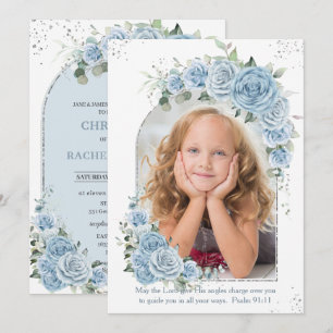 Baby Blue Floral Christening Baptism FotoArch Kaart
