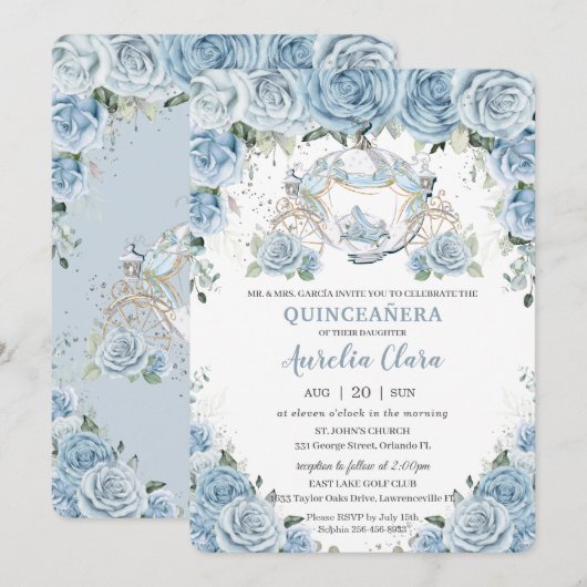 Baby Blue Floral Cinderella Coach Quinceañera Kaart (Voorkant / Achterkant)