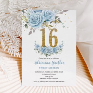 Baby Blue Floral Gold Sweet 16 Zestien Verjaardag Kaart