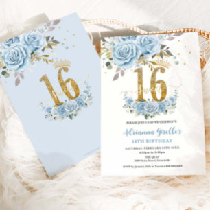 Baby Blue Floral Gold Sweet 16 Zestien Verjaardag Kaart