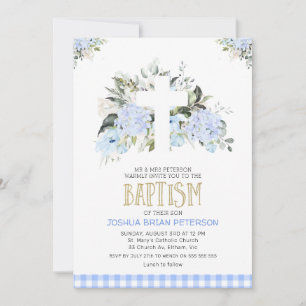 Baby Blue Floral Plaid Cross Doop Kaart