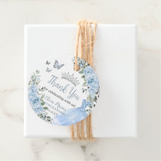 Baby Blue Floral Princess Dress Silver Quinceañera Bedankjes Labels (In situ)