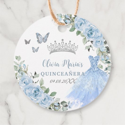 Baby Blue Floral Princess Dress Silver Quinceañera Bedankjes Labels (Achterkant)