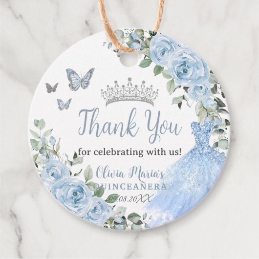 Baby Blue Floral Princess Dress Silver Quinceañera Bedankjes Labels (Voorkant)