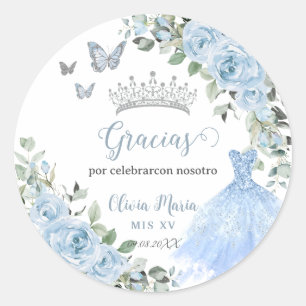 Baby Blue Floral Princess Dress Silver Quinceañera Ronde Sticker