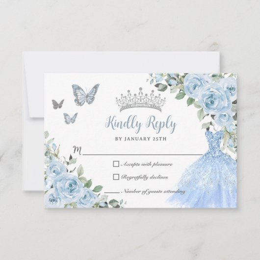 Baby Blue Floral Princess Dress Silver Quinceañera RSVP Kaartje (Voorkant)