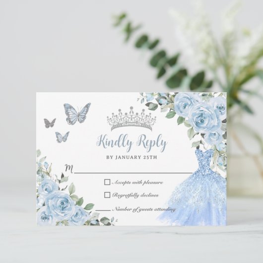 Baby Blue Floral Princess Dress Silver Quinceañera RSVP Kaartje (Staand voorkant)