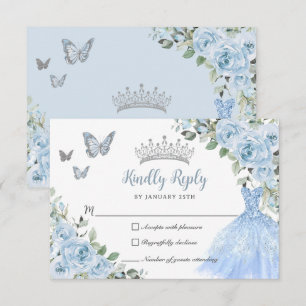 Baby Blue Floral Princess Dress Silver Quinceañera RSVP Kaartje